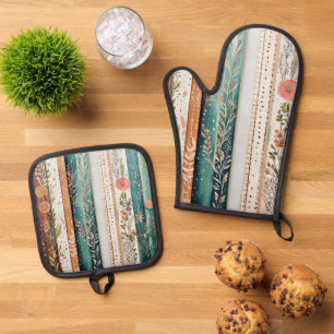 Shabby Chic gemusterte Mischung Ofenhandschuh & Topflappen-Set