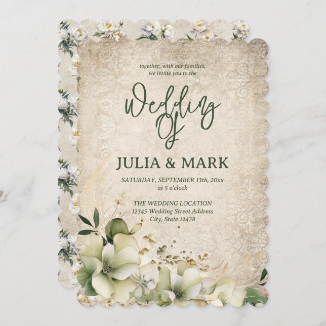 Shabby Chic Green And Beige Floral Wedding  Einladung (Vorne/Hinten)