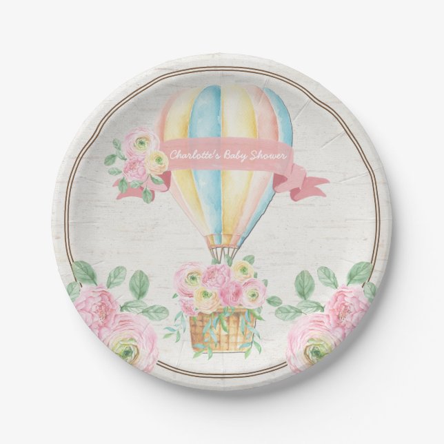 Shabby Chic-Heißluft-Ballon-Rosa-Blumendusche Pappteller (Vorderseite)