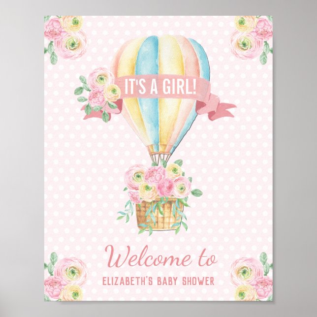 Shabby Chic Heißluftballon Rosa Blumendusche Poster (Vorne)