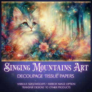 Shabby Chic Katze unter Wildblumen Découpage Seidenpapier