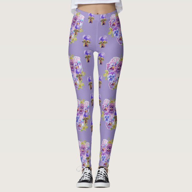 Shabby Chic Lavender Lila Pansy Floral Leggings (Vorderseite)
