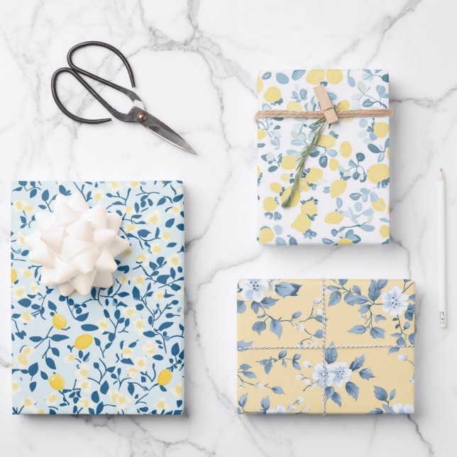 Shabby Chic Lemon Blossom Wrapping Paper Geschenkpapier Set (Vorderseite)