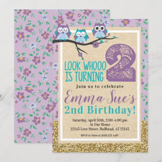 Shabby Chic Lila Owl 2. Geburtstag Einladung