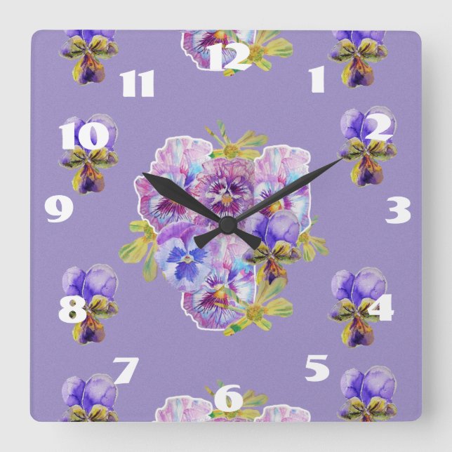 Shabby Chic Lila Stiefmütterchen Pansy Blumenzimme Quadratische Wanduhr (Vorderseite)
