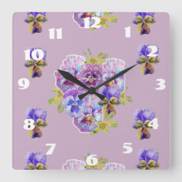 Shabby Chic Lilac Stiefmütterchens Pansy Floral Ro Quadratische Wanduhr