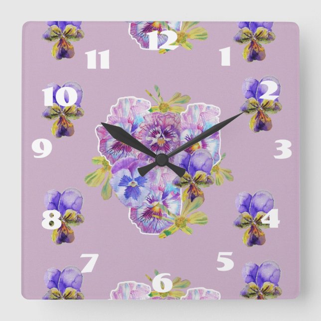 Shabby Chic Lilac Stiefmütterchens Pansy Floral Ro Quadratische Wanduhr (Vorderseite)
