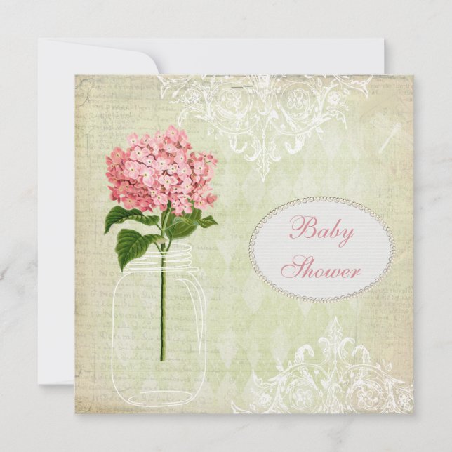 Shabby Chic Mason Jar & Hydrangea Babydusche Einladung (Vorderseite)