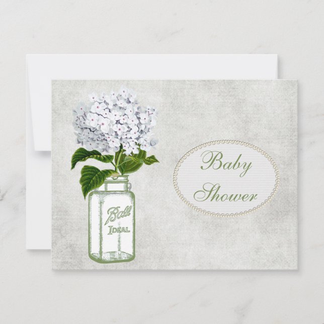 Shabby Chic Mason Jar & Hydrangea Babydusche Einladung (Vorderseite)