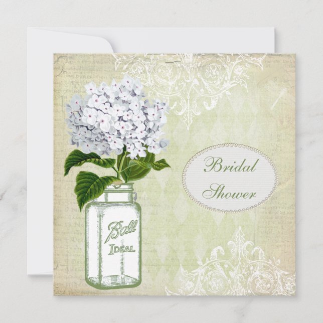 Shabby Chic Mason Jar & Hydrangea Brautparty Einladung (Vorderseite)
