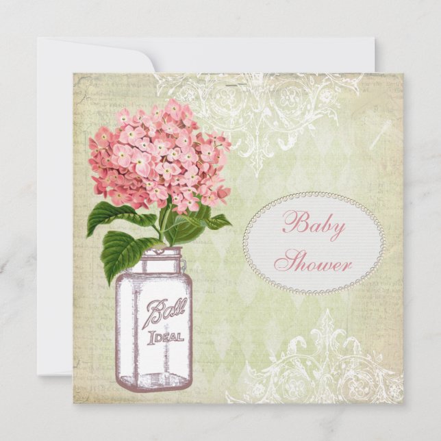 Shabby Chic-Maurerglas-u. Hydrangea-Baby-Dusche Einladung (Vorderseite)
