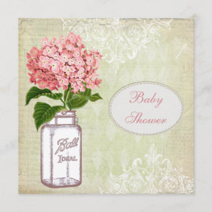 Shabby Chic-Maurerglas-u. Hydrangea-Baby-Dusche Einladung