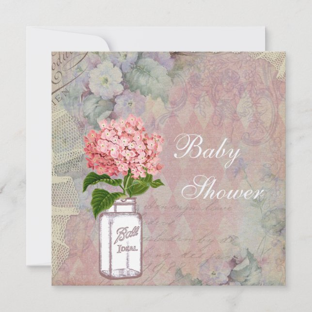 Shabby Chic-Maurerglas-u. Hydrangea-Baby-Dusche Einladung (Vorderseite)
