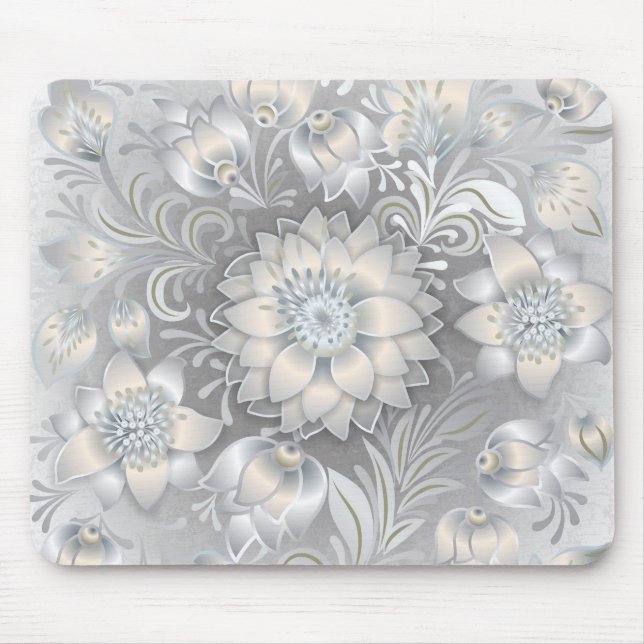 Shabby Chic-neutrales graues Weiß-mit Blumensilber Mousepad (Vorne)