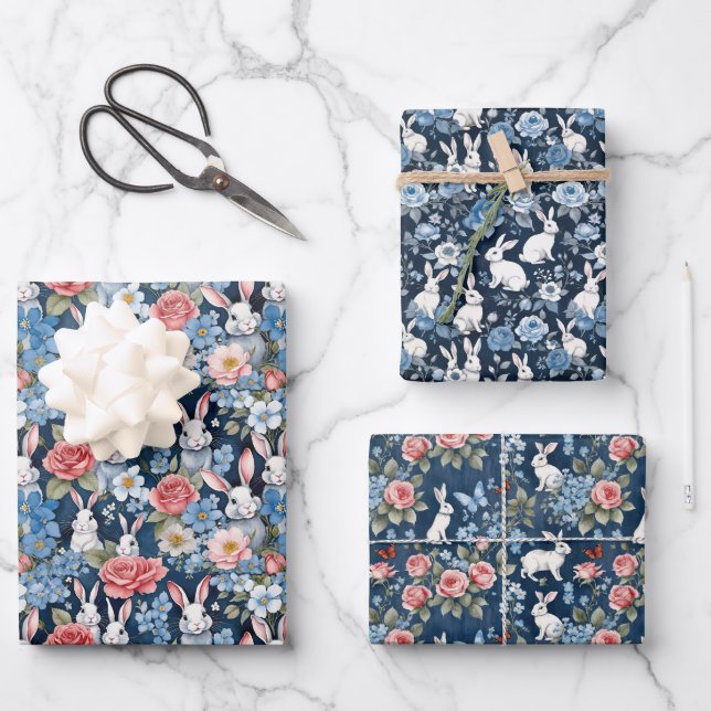 Shabby Chic Oaster Bunnies Florals Navy Blue Geschenkpapier Set (Vorderseite)