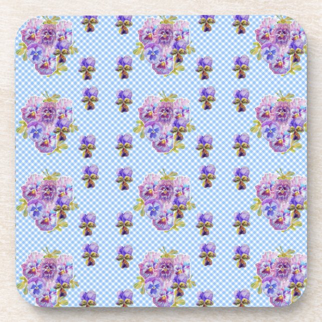 Shabby Chic Pansy Floral Blue Gingham Karos Getränkeuntersetzer (Vorderseite)