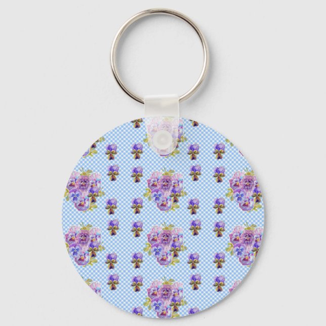 Shabby Chic Pansy Floral Blue Gingham Karos Schlüsselanhänger (Vorderseite)