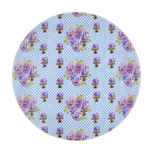 Shabby Chic Pansy Floral Blue Gingham Karos Schneidebrett (Vorderseite)