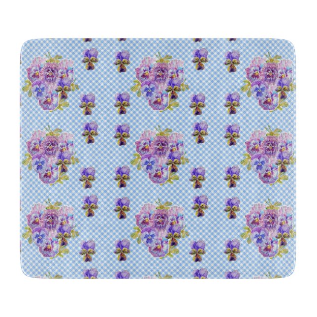 Shabby Chic Pansy Floral Blue Gingham Karos Schneidebrett (Vorderseite)