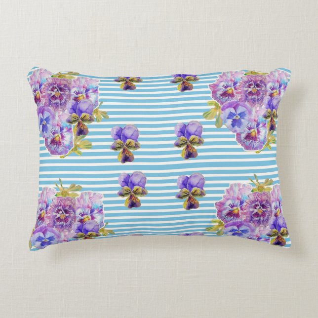 Shabby Chic Pansy Pastel Blue Stripe Art Cushion Dekokissen (Vorderseite)