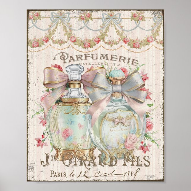 Shabby Chic Parfüm Bottles French Script Poster (Vorne)
