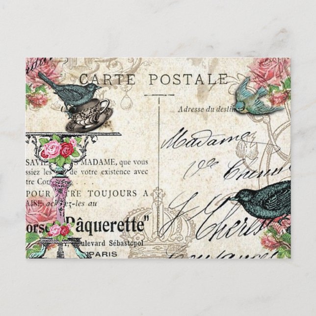 Shabby Chic Paris Bluebird Postcard Postkarte (Vorderseite)