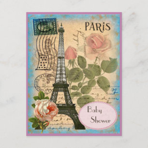 Shabby Chic Paris Eiffel Tower & Rose Babydusche Einladung