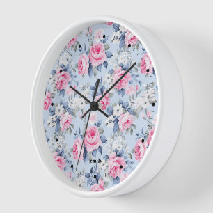 Shabby Chic Pastellrosa Rosenmuster Uhr