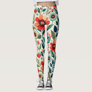 Shabby Chic Peach Blue Wildblumen Illustration Leggings