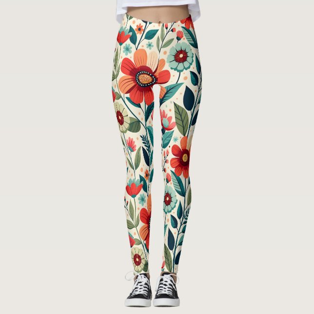 Shabby Chic Peach Blue Wildblumen Illustration Leggings (Vorderseite)