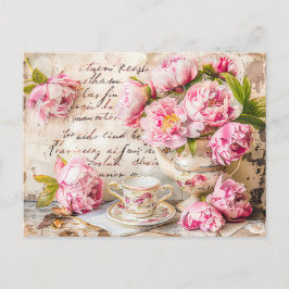 Shabby chic Peonies with Tea Cup and Vintage Touc Postkarte