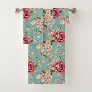 Shabby Chic Pink and White Florals on Teal Badhandtuch Set