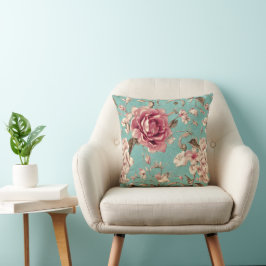 Shabby Chic Pink and White Florals on Teal Kissen