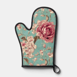 Shabby Chic Pink and White Florals on Teal Ofenhandschuh