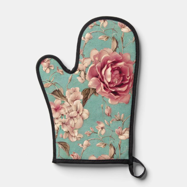 Shabby Chic Pink and White Florals on Teal Ofenhandschuh (Vorderseite)