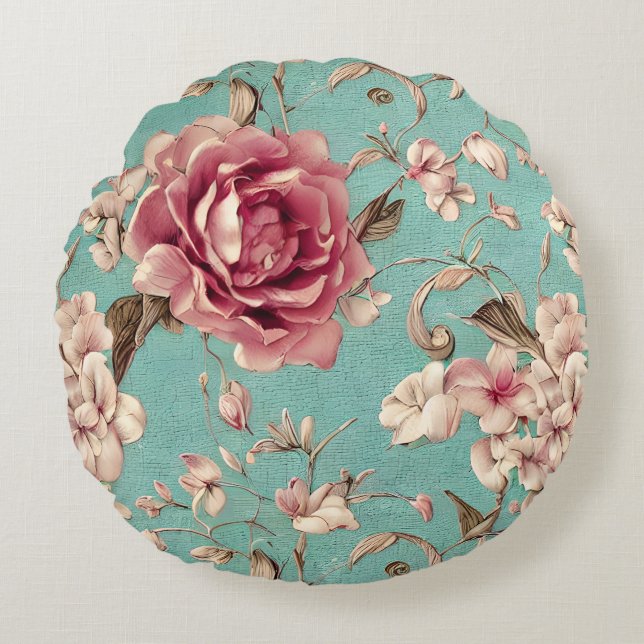 Shabby Chic Pink and White Florals on Teal Rundes Kissen (Vorderseite)