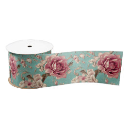 Shabby Chic Pink and White Florals on Teal Satinband