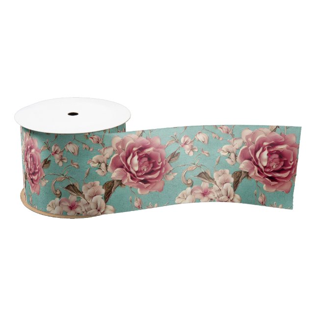 Shabby Chic Pink and White Florals on Teal Satinband (Spule)