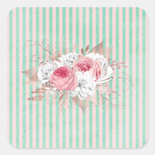 Shabby Chic Pink Bouquet Streifen Quadratischer Aufkleber