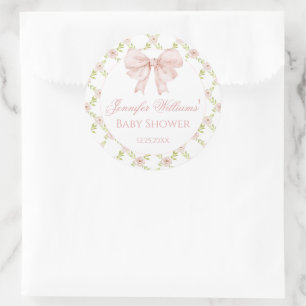 Shabby Chic Pink Bow Floral Baby Girl Dusche Runder Aufkleber