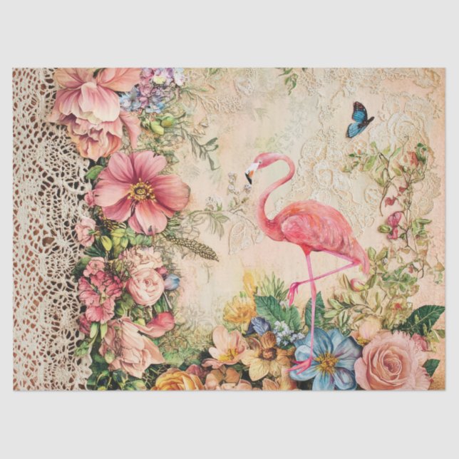 Shabby Chic Pink Flamingo Blumendekoupage Seidenpapier (Vorderseite)
