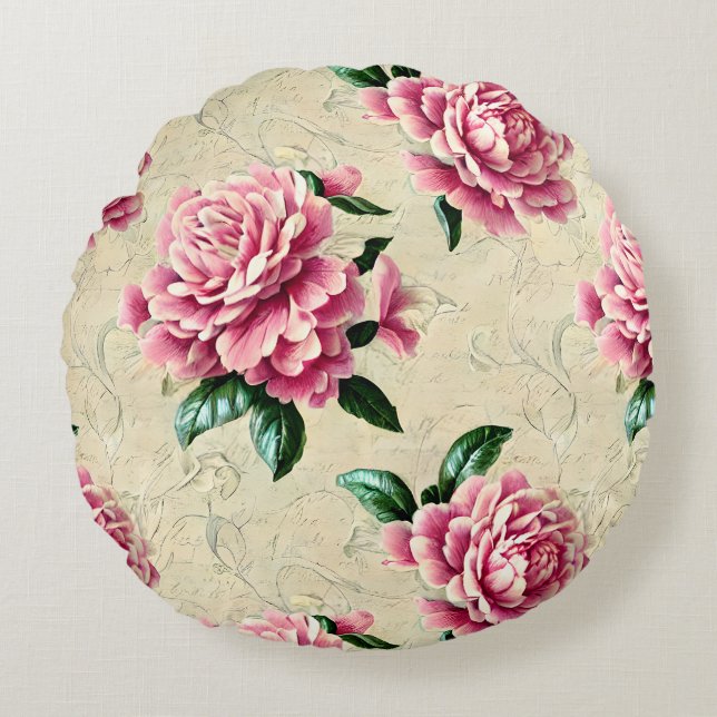 Shabby Chic Pink Gardenias Rundes Kissen (Vorderseite)