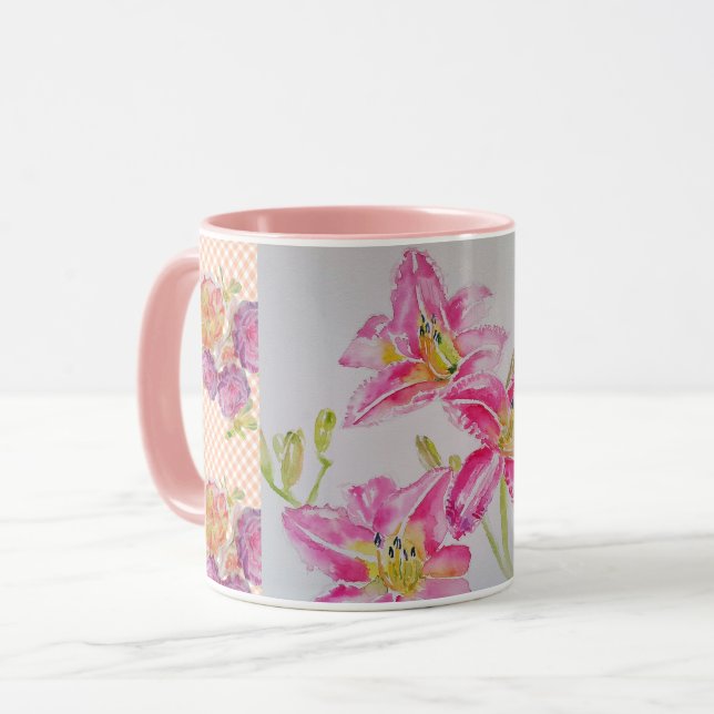 Shabby Chic Pink Lily Floral Blume Gingham Rose Tasse (Vorderseite Links)