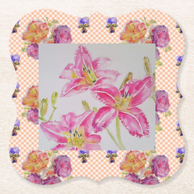 Shabby Chic pink Lily Floral Blume Gingham Rose Untersetzer (Vorderseite)