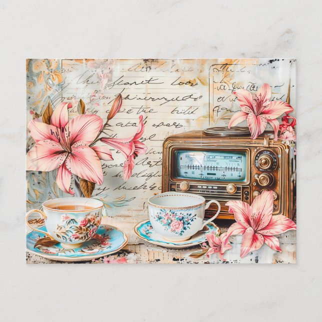 Shabby chic Pink Lily with Antique Radio Receiver Postkarte (Vorderseite)