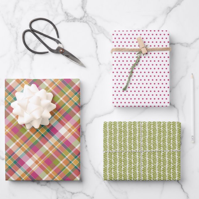 Shabby Chic Pink Orange Aquamarin Green Gingham Geschenkpapier Set (Vorderseite)