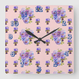 Shabby Chic Pink Pansies Pansy Floral Art Clock Quadratische Wanduhr