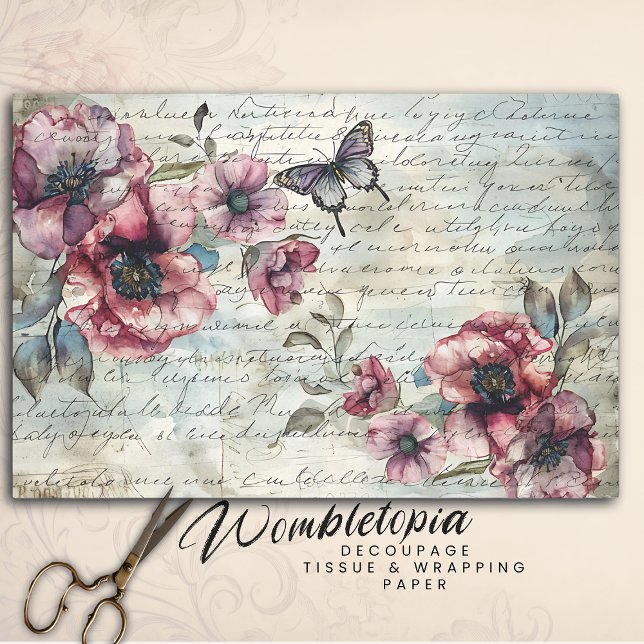 Shabby Chic Pink Poppies & Butterfly Decoupage Seidenpapier (Von Creator hochgeladen)