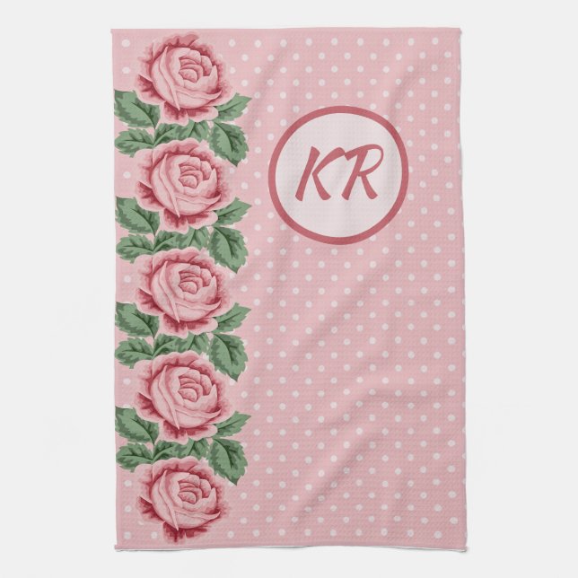 Shabby Chic Pink Rose Polka Dot Mit Monogramm Geschirrtuch (Vertikal)
