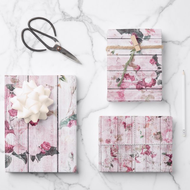Shabby Chic Pink Roses Geschenkpapier Set (Vorderseite)